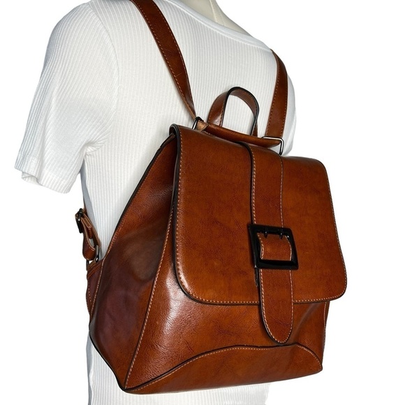 Cognac Brown Vegan Leather Backpack Crossbody Messenger Bag - Picture 1 of 16